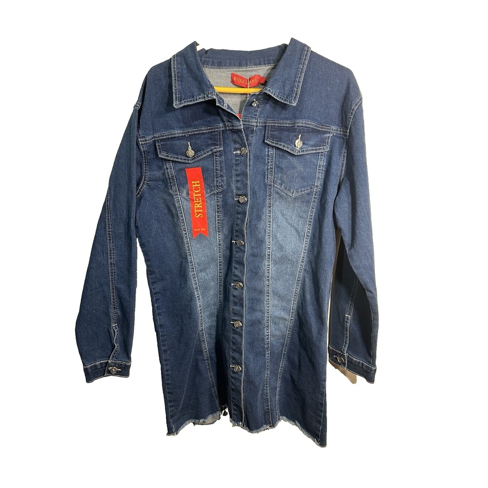 buzz jeans womens blue denim jacket coat longer length dark wash‎ size large